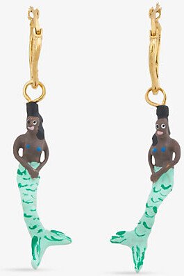 Womens Moka/pale Sky Mermaid-embellished Gold-toned Brass Drop Earrings