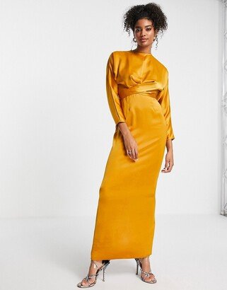 satin maxi dress with batwing sleeve and wrap waist in mustard