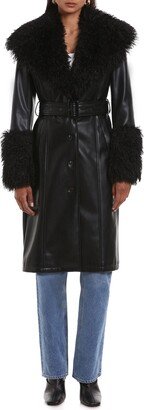 Belted Faux Leather Coat with Faux Fur Trim