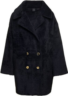 Black Double-breasted Coat With Wide Revers In Eco Fur Woman