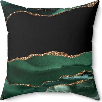 Throw Decorative Pillow | Abstract Agate Marble, Forest Emerald Green Black, Faux Gold Watercolor Minimalist Square, Lumbar Bedroom