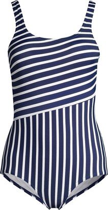 Women's Petite Scoop Neck Soft Cup Tugless Sporty One Piece Swimsuit Print - Deep sea/white media stripe-AA