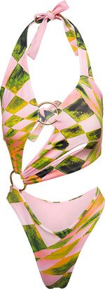 Pink Halterneck Swimsuit With Graphic Abstract Print Cut Out And Golden Ring In Polyester Woman
