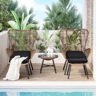 Aoolive Patio 5-Piece Rattan Conversation Set, PE Wicker Arm Chairs with Stools and Glass Tea Table