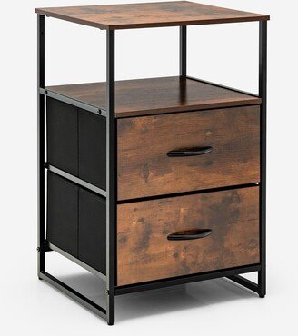 Industrial Nightstand End Table with 2 Fabric Storage Drawers