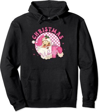Retro Christmas Vibes Groovy Checkered Pink Santa Retro Christmas Vibes Groovy Checkered Cute Pink Santa Claus Pullover Hoodie
