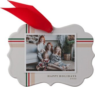 Ornaments: Holiday Ribbon Stripe Metal Ornament, Beige, Rectangle Bracket