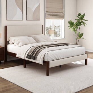 CTEX Mid Century Modern Upholestery Platform Bed with Walnut Wood Frame, Queen