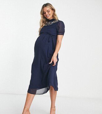 Hope & Ivy Maternity embroidered open back midi dress in navy