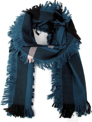 Women's Blue / Black Wool Fashion Scarf With Fringe And Pink Stripe 40609901