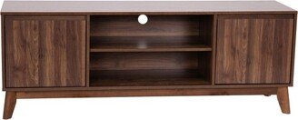 Emma and Oliver Mid-Century Modern 60 Wooden TV Stand with Two Soft Close Doors, Shelf, Cord Management Hole and Tapered Legs in Dark Walnut