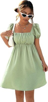 MBELLO Women's Dresses Elegant Puff Sleeve Ruched Bust Dress for Women Dress for Women (Color : Mint Green