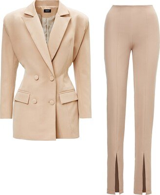 Bluzat Beige Suit With Tailored Hourglass Blazer And Slim Fit Trousers