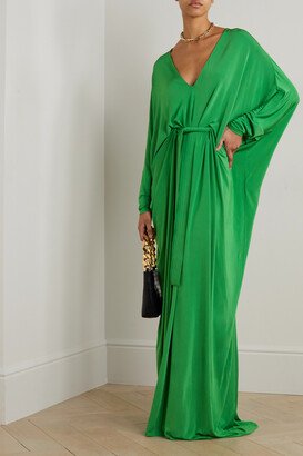 Belted Velvet-trimmed Silk-jersey Gown - Green