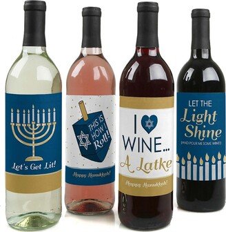 Big Dot Of Happiness Happy Hanukkah - Chanukah Decor - Wine Bottle Label Stickers - 4 Ct