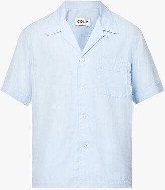 Mens Sky Blue Relaxed-fit Camp-collar Woven Pyjama top