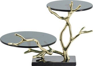 Polished Gold Aluminum with Black Float Glass and Black Granite Base 2-Tier Cake Stand