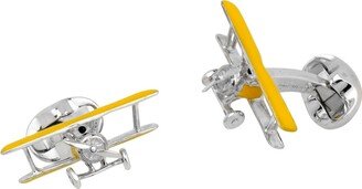 Sterling Silver Yellow Biplane Cufflinks With Rotating Propeller