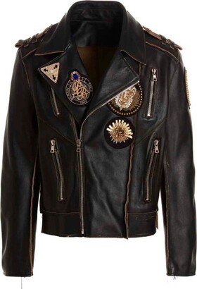 Embroidered Badges Leather Biker Jacket