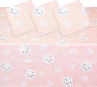 Sparkle and Bash 3 Pack Pink Disposable Plastic Tablecloth for Cat Birthday Party 54 x 108 In