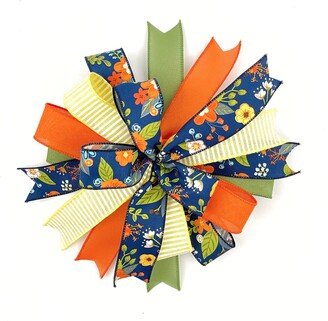 Pre-Made Floral Bow For Wreaths & Lanterns Or Signs, Decorative Navy Wreath Embellishment Front Door Hanger, Blue Orange