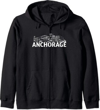 US United States City Skylines Silhouette Outline Anchorage Alaska USA Skyline Silhouette Outline Sketch Zip Hoodie