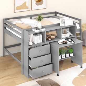 IGEMAN Full Size Low Loft Bed with Storage Drawers, Wood Loft Beds Frame with Storage Shelves & Rolling Portable Desk for Kids Bedroom