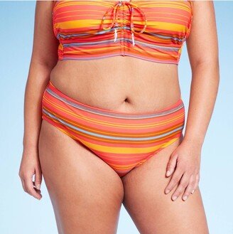 Women's Mid-Rise Full Coverage Hipster Bikini Bottom Red Striped