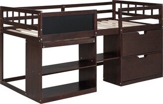 NINEDIN Twin Size Low Loft Bed with Rolling Desk, Low loft Bed for Kids,Wooden Low Loft Bed with Two Shelves and Two Drawers - Espresso