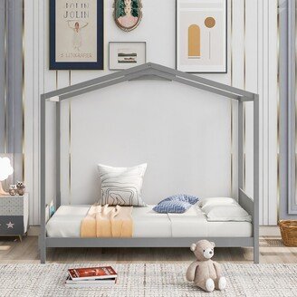 NOVABASA Twin House Bed for Kids, House Bed Frame Twin with Headboard, Wooden Kids House Bed Twin for Girls,Grey