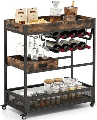 Rolling Bar Cart Bar Serving Cart on Wheels 3-Tier Industrial Liquor Beverage Cart with Wine Rack & Glass Holder