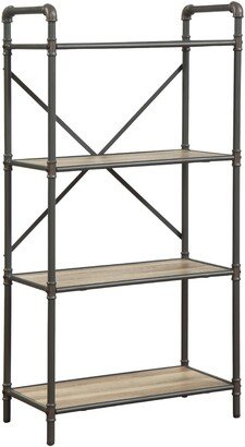 Three-Tier Metal Bookshelf With Wooden Shelves, Oak Brown & Gray - 49.25 H x 14 W x 26 L