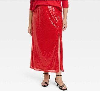 Women's Sequin A-Line Midi Skirt Red