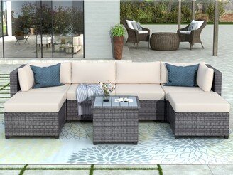 RASOO 7 Piece Rattan Sectional Seating Group with Cushions, Water and UV Resistant