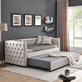 EYIW Daybed with Trundle Upholstered Tufted Sofa Bed, with Button and Copper Nail on Square Arms，both Twin Size, Beige