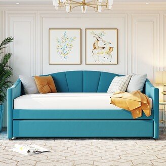 IGEMANINC 81 Upholstered Daybed Sofa Bed Twin Size with Trundle Bed and Wood Slat, Sloped Arm Sofa, Camel Back Sofa Bed, Sleeper Sofa