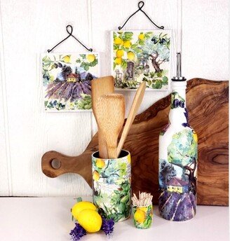 French Provence Lavender Fields & Lemon Tree Kitchen Set - 25.4 Oz Up-Cycled Oil Cruet, Utensil/Toothpick Holder | Signs