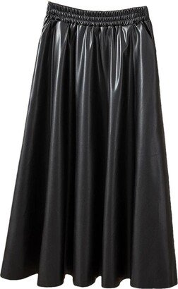 Pulcykp Black Elastic Waist PU Skirts Women Autumn Winter Fashion A-Line Pocket Long Pleated Skirts Black L