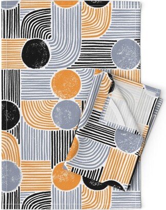 Geometry Tea Towels | Set Of 2 - Dots & Stripes By Aaron Gallen Bauhaus Gray Orange Black Classic Linen Cotton Spoonflower