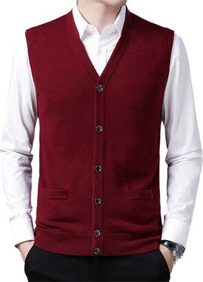 GYSAFJ Men's Cashmere Blend Vest Slim Fit V-Neck Cardigan Front Button Casual Tops Wine red M