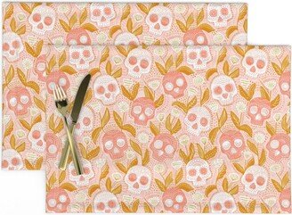 Sugar Skulls Placemats | Set Of 2 - Pastel Halloween By De Koro Cute Pastels Pink Orange Cloth Spoonflower