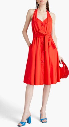 Belted gathered poplin halterneck dress