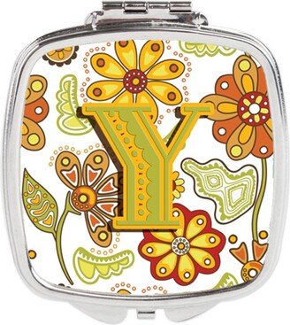 CJ2003-YSCM Letter Y Floral Mustard & Green Compact Mirror