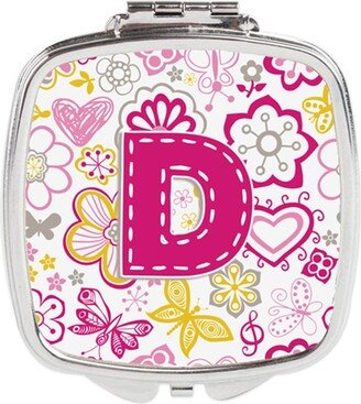 CJ2005-DSCM Letter D Flowers & Butterflies Pink Compact Mirror