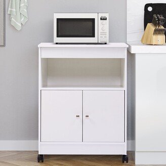 WELLFOR Wood Kitchen Microwave Cabinet Cart with 4 Wheels and Shelf,White