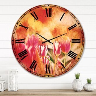 Designart 'Tulips on Abstract Red Background' Floral Large Wall CLock