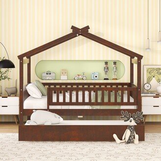 Modern Wooden House Bed with Twin Size Trundle