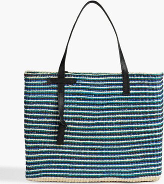 Leather-trimmed striped straw tote