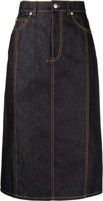 Contrast-Stitch Denim Midi Skirt