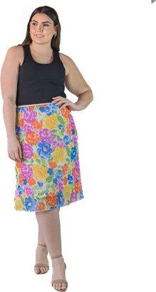 24seven Comfort Apparel Plus Size Sheer Overlay Colorful Floral Elastic Waist Knee Length Skirt-Multicolored-3X